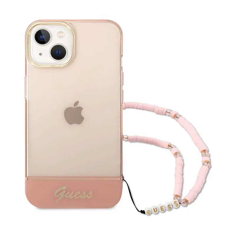Guess Permatomas perlinis dirželis – dėklas iPhone 14 Plus (rožinis)