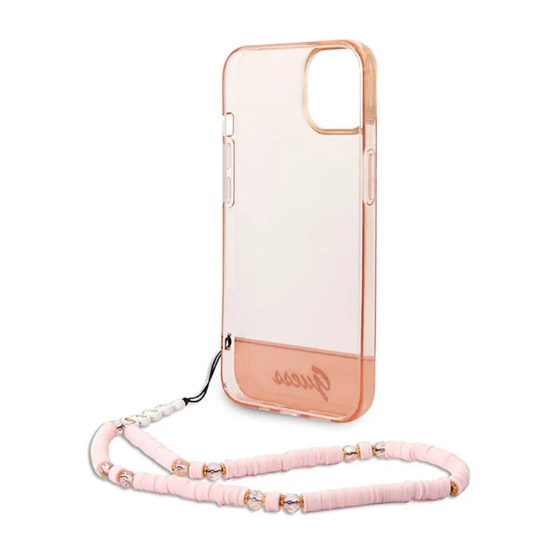 Guess Permatomas perlinis dirželis – dėklas iPhone 14 Plus (rožinis)