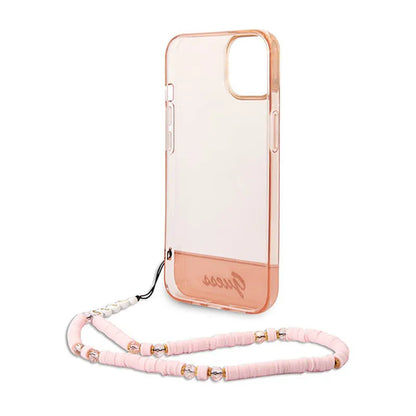 Guess Permatomas perlinis dirželis – dėklas iPhone 14 Plus (rožinis)