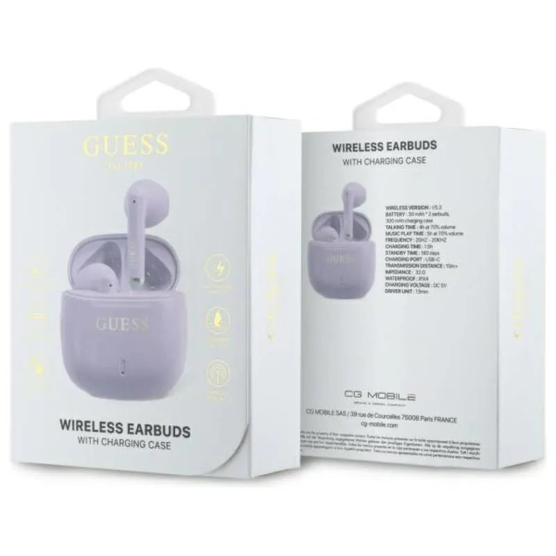 Guess Printed Classic Logo – „Bluetooth TWS“ ausinės + įkrovimo dėklas (violetinės)