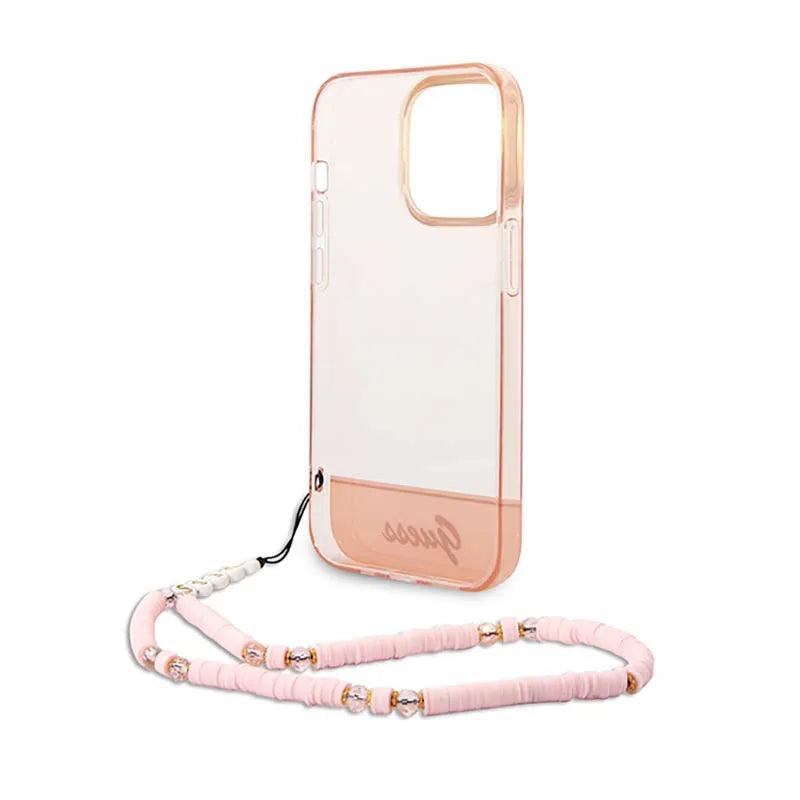 Guess Pusiau skaidrus perlinis dirželis – dėklas skirtas iPhone 14 Pro Max (rožinis)