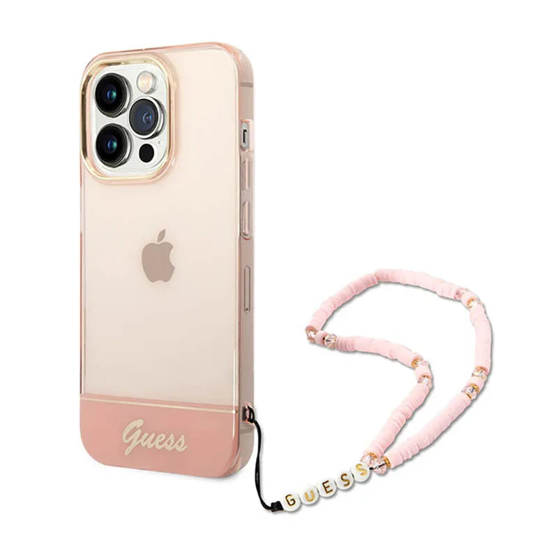 Guess Pusiau skaidrus perlinis dirželis – dėklas skirtas iPhone 14 Pro Max (rožinis)