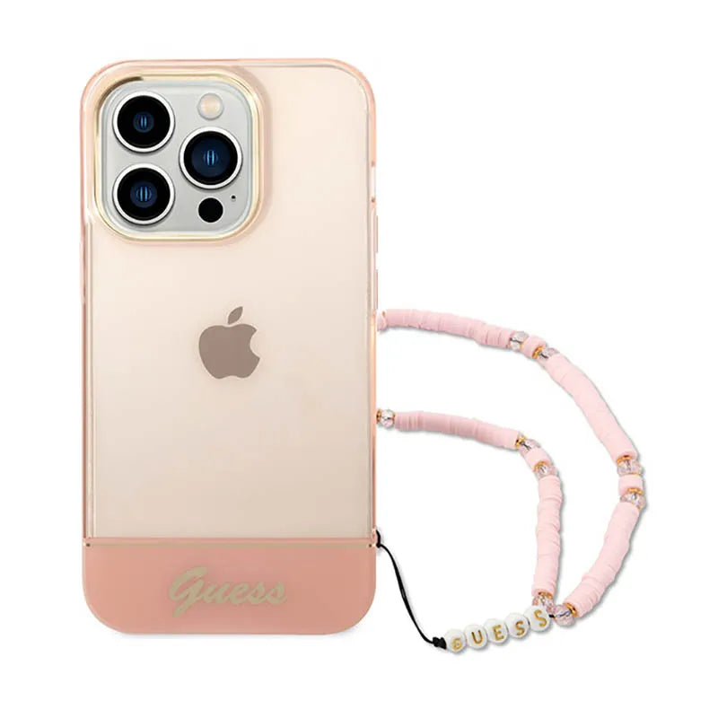 Guess Pusiau skaidrus perlinis dirželis – dėklas skirtas iPhone 14 Pro Max (rožinis)