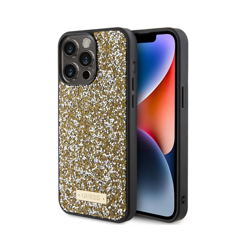 Guess Rhinestone Metal Logo – dėklas iPhone 15 Pro Max (geltonas)
