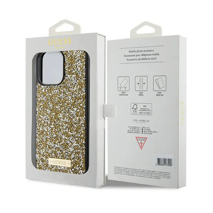 Guess Rhinestone Metal Logo – Dėklas, skirtas „iPhone 15 Pro“ (geltonas)