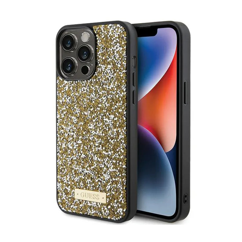 Guess Rhinestone Metal Logo – Dėklas, skirtas „iPhone 15 Pro“ (geltonas)
