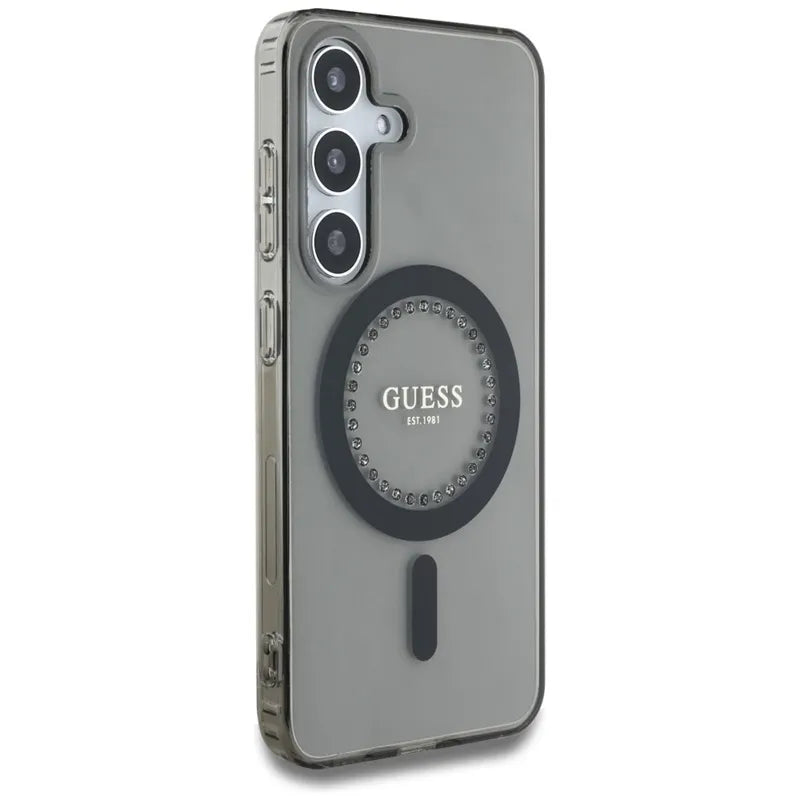 Guess Rhinestones Printed Classic Logo MagSafe – Dėklas, skirtas Samsung Galaxy S25 (juodas)