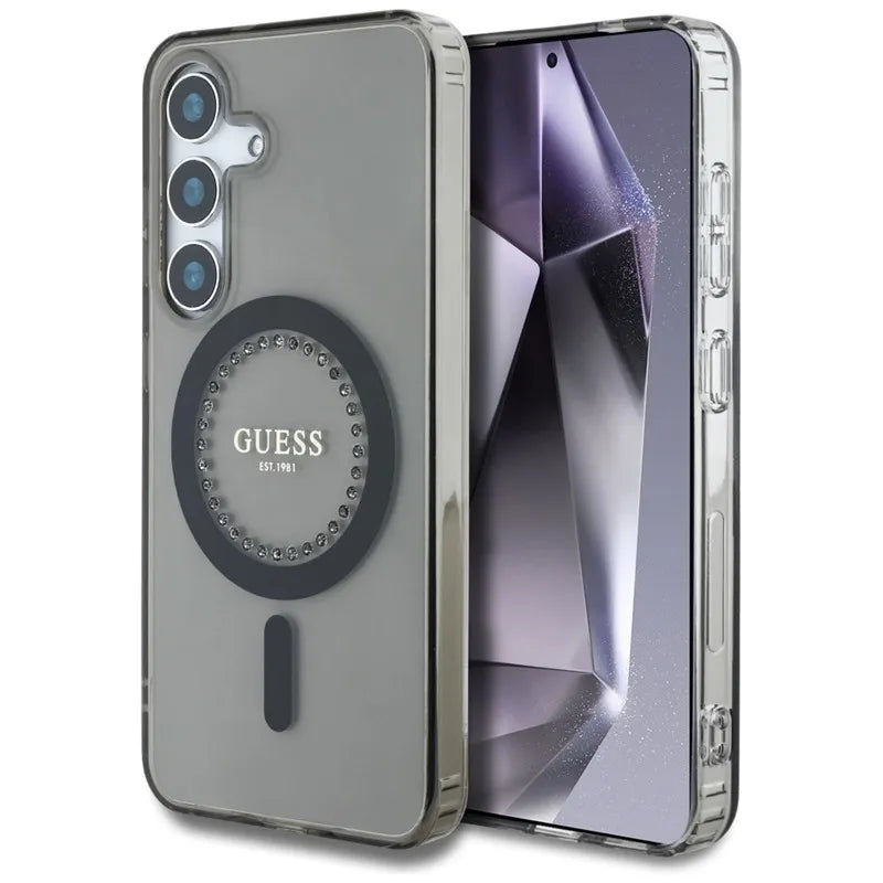 Guess Rhinestones Printed Classic Logo MagSafe – Dėklas, skirtas Samsung Galaxy S25 (juodas)