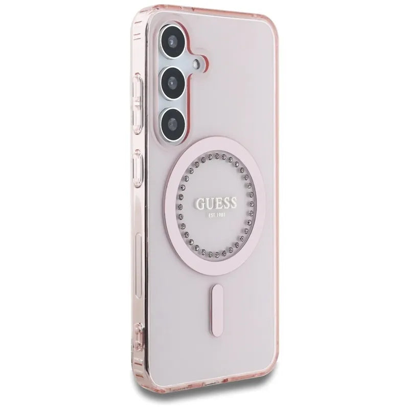 Guess Rhinestones Printed Classic Logo MagSafe – dėklas, skirtas „Samsung Galaxy S25“ (rožinė)