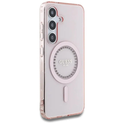 Guess Rhinestones Printed Classic Logo MagSafe – dėklas, skirtas „Samsung Galaxy S25“ (rožinė)
