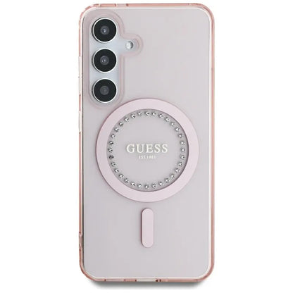 Guess Rhinestones Printed Classic Logo MagSafe – dėklas, skirtas „Samsung Galaxy S25“ (rožinė)