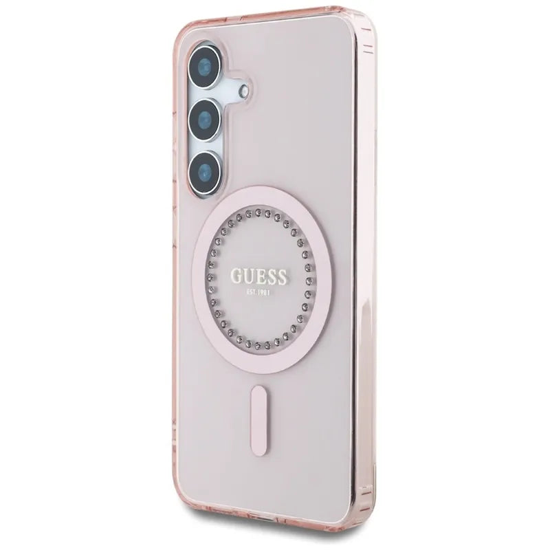 Guess Rhinestones Printed Classic Logo MagSafe – dėklas, skirtas „Samsung Galaxy S25“ (rožinė)