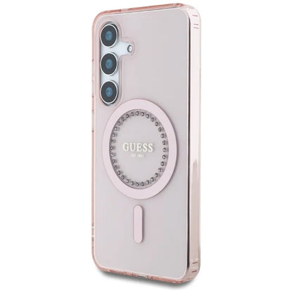 Guess Rhinestones Printed Classic Logo MagSafe – dėklas, skirtas „Samsung Galaxy S25“ (rožinė)