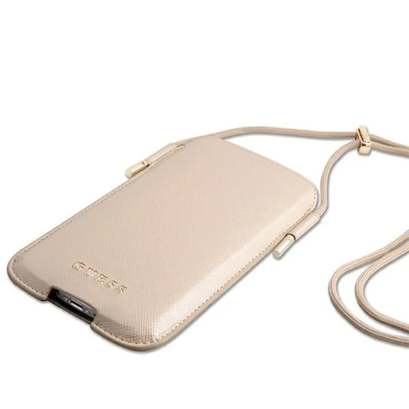 Guess Saffiano dėklas – telefono dėklas S / M maks. 6.1 colio (auksinis)