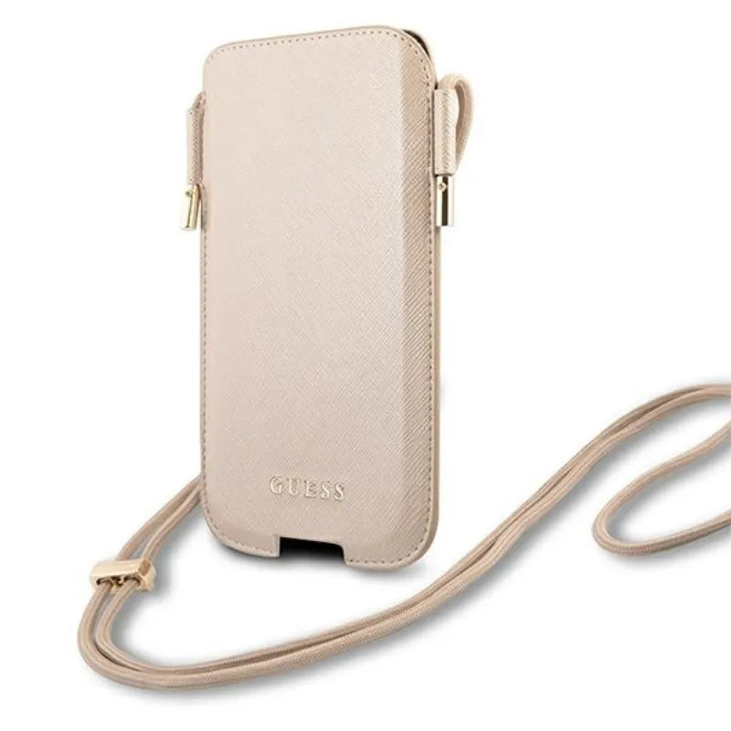Guess Saffiano dėklas – telefono dėklas S / M maks. 6.1 colio (auksinis)