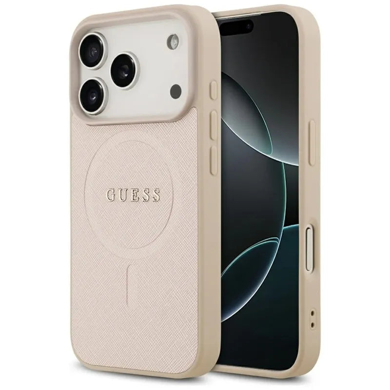 Guess Saffiano Klasikinis Logotipas MagSafe Dėklas iPhone 17 Pro (rožinis)