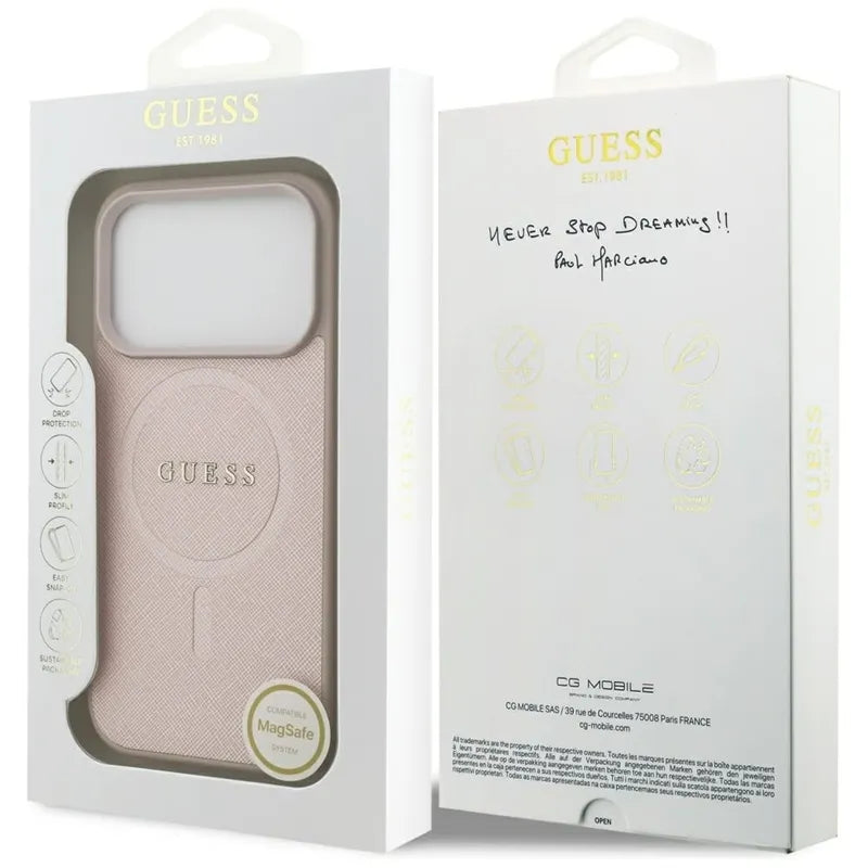 Guess Saffiano Klasikinis Logotipas MagSafe Dėklas iPhone 17 Pro (rožinis)