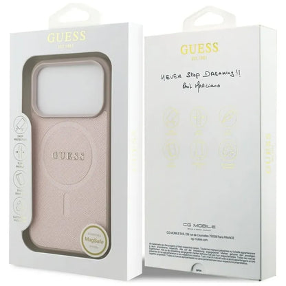 Guess Saffiano Klasikinis Logotipas MagSafe Dėklas iPhone 17 Pro (rožinis)