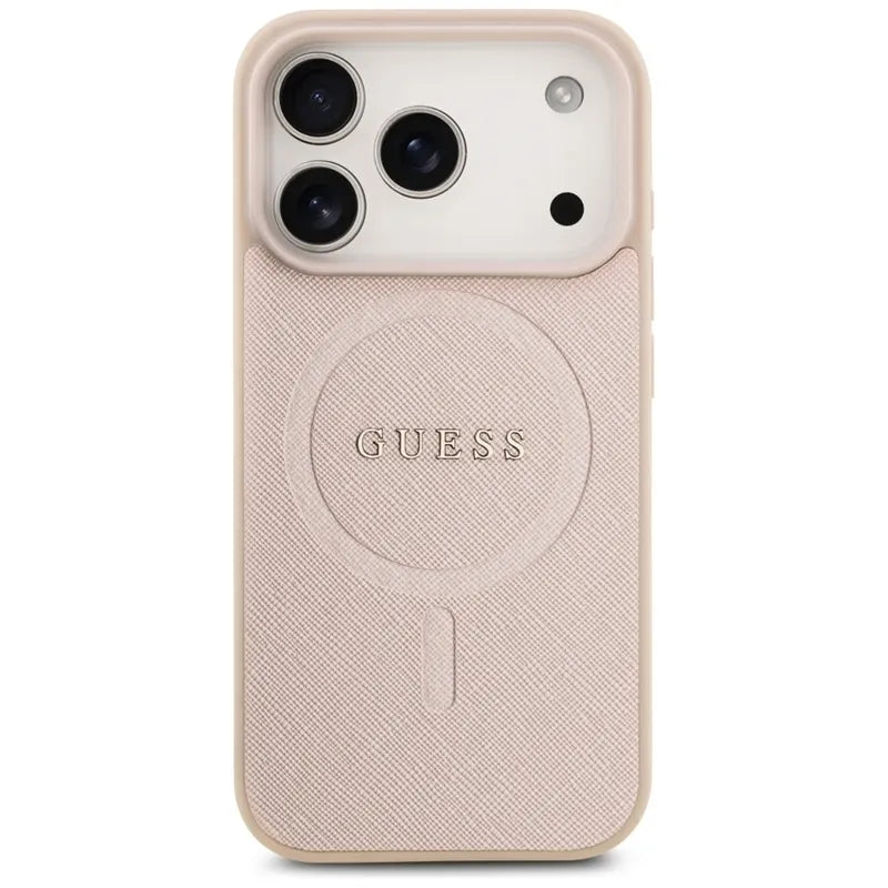Guess Saffiano Klasikinis Logotipas MagSafe Dėklas iPhone 17 Pro (rožinis)