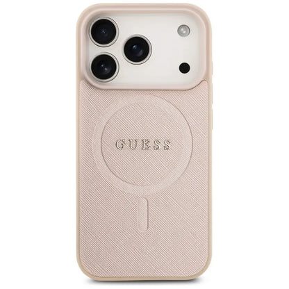 Guess Saffiano Klasikinis Logotipas MagSafe Dėklas iPhone 17 Pro (rožinis)