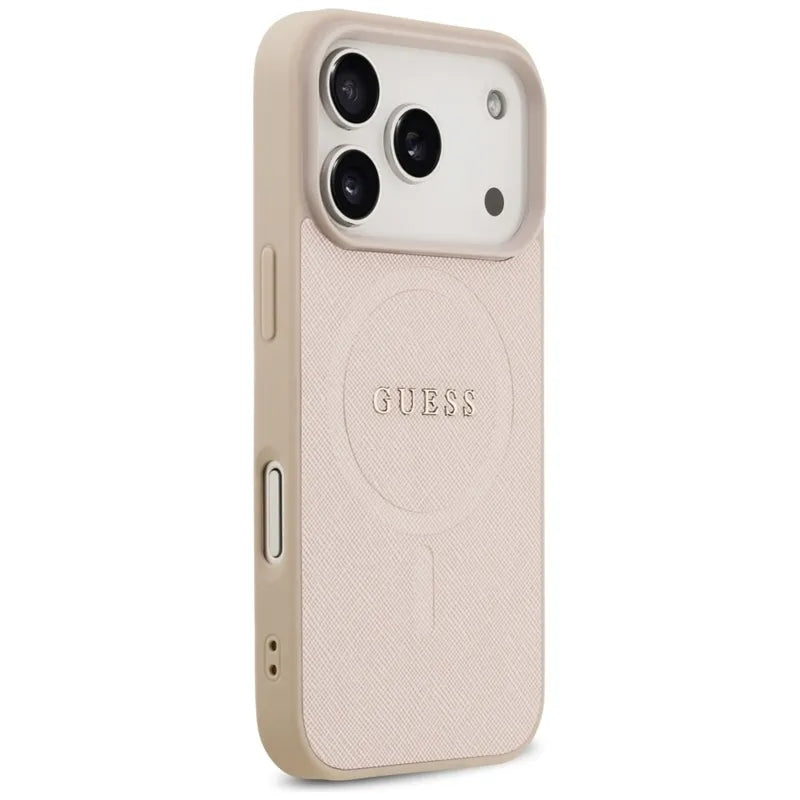 Guess Saffiano Klasikinis Logotipas MagSafe Dėklas iPhone 17 Pro (rožinis)