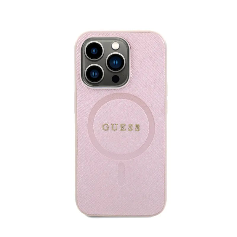 Guess Saffiano MagSafe – dėklas, skirtas „iPhone 15 Pro“ (rožinis)