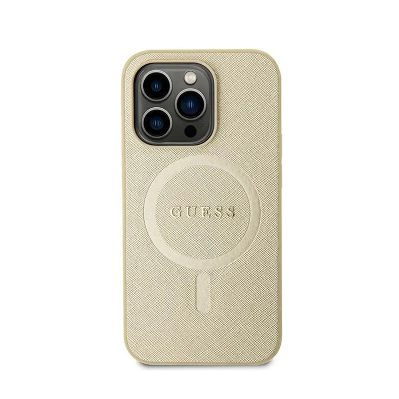 Guess Saffiano MagSafe – iPhone 15 Plus dėklas (auksinis)