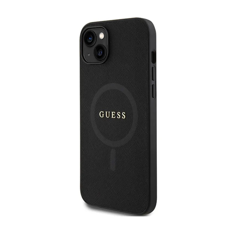 Guess Saffiano MagSafe – iPhone 15 Plus dėklas (juodas)