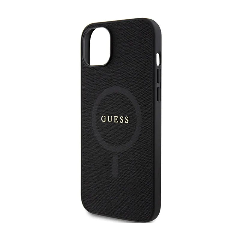 Guess Saffiano MagSafe – iPhone 15 Plus dėklas (juodas)