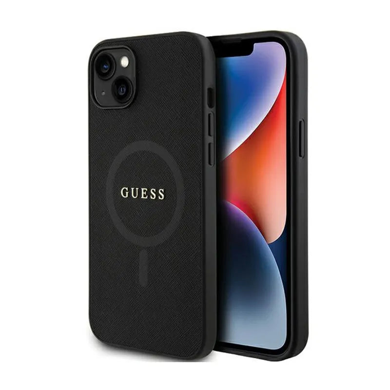 Guess Saffiano MagSafe – iPhone 15 Plus dėklas (juodas)