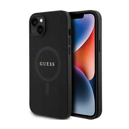 Guess Saffiano MagSafe – iPhone 15 Plus dėklas (juodas)