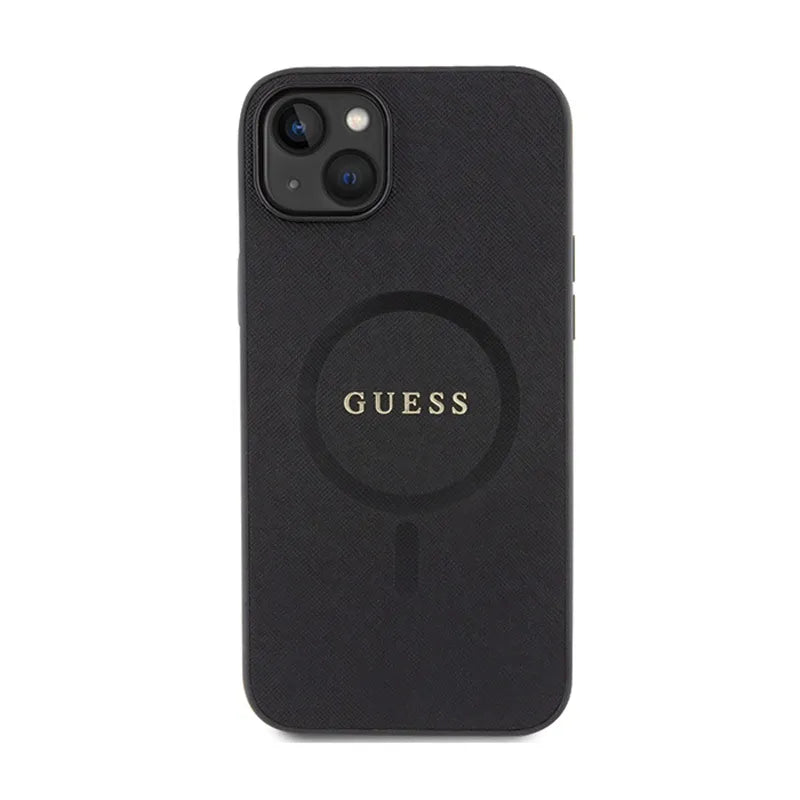 Guess Saffiano MagSafe – iPhone 15 Plus dėklas (juodas)