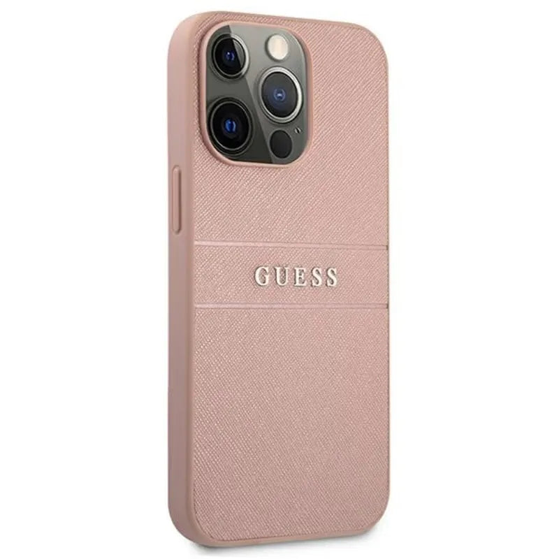 Guess Saffiano Metal Logo Stripes - dėklas, skirtas iPhone 13 Pro Max (rožinė)