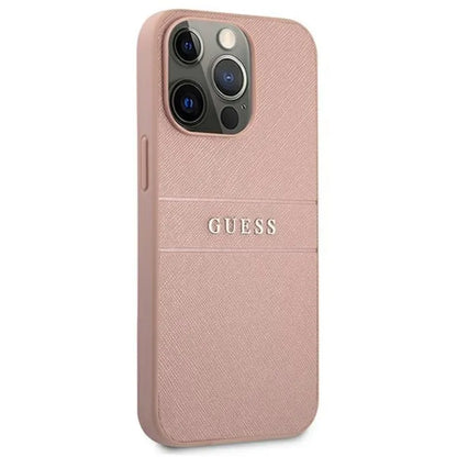 Guess Saffiano Metal Logo Stripes - dėklas, skirtas iPhone 13 Pro Max (rožinė)
