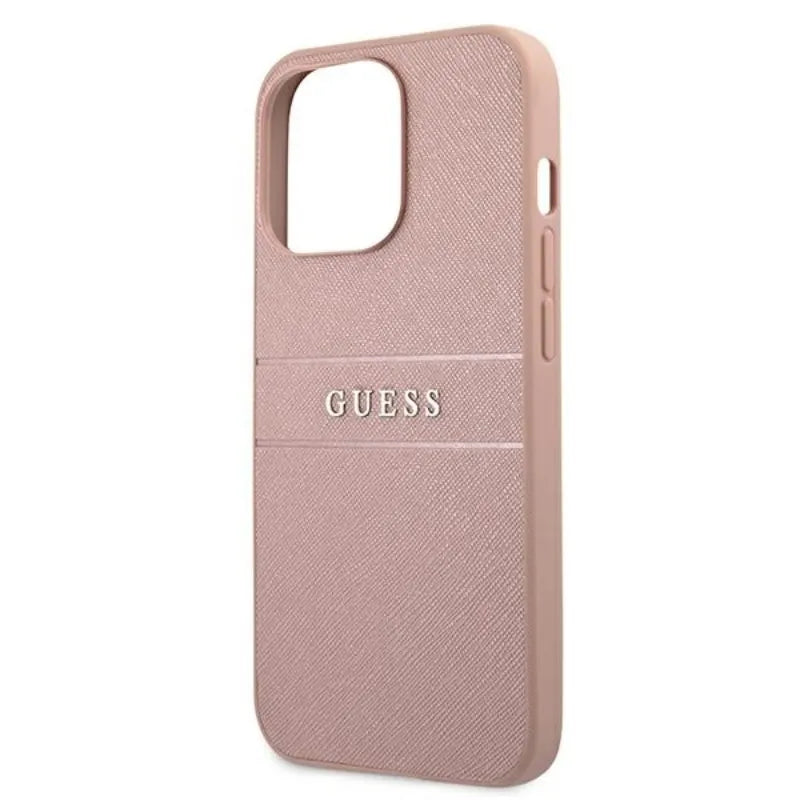 Guess Saffiano Metal Logo Stripes - dėklas, skirtas iPhone 13 Pro Max (rožinė)