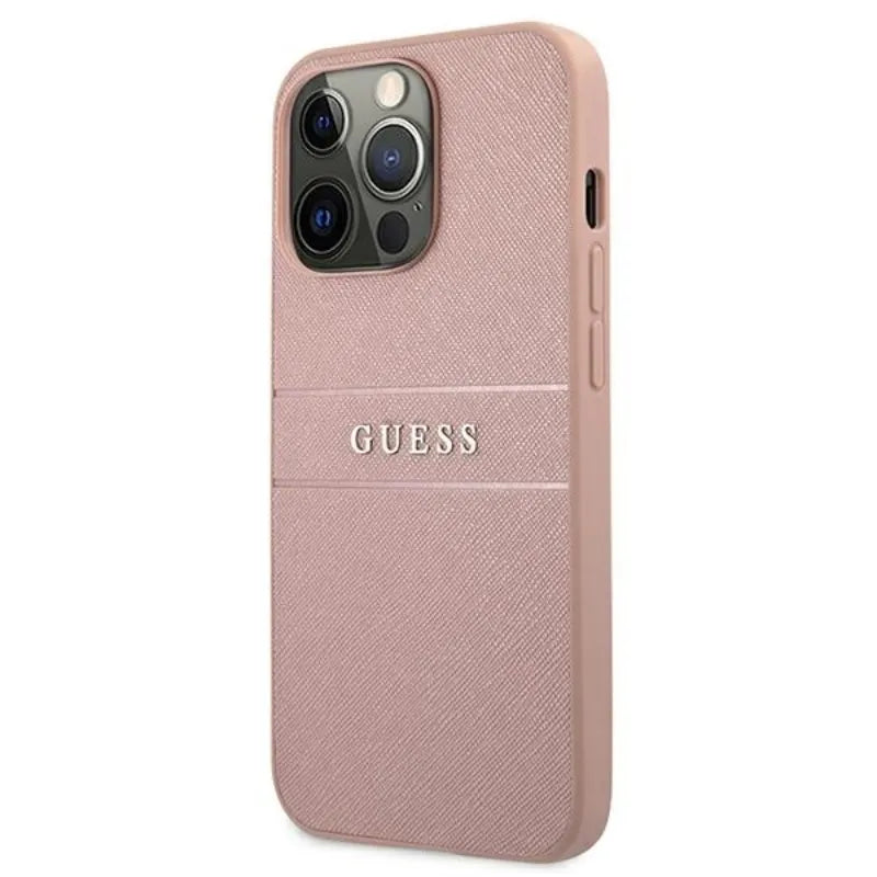 Guess Saffiano Metal Logo Stripes - dėklas, skirtas iPhone 13 Pro Max (rožinė)