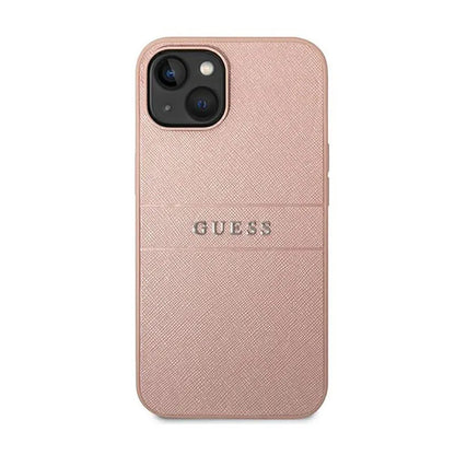 Guess Saffiano Metal Logo Stripes – dėklas, skirtas iPhone 14 Plus (rožinis)
