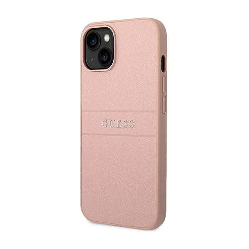 Guess Saffiano Metal Logo Stripes – dėklas, skirtas iPhone 14 Plus (rožinis)