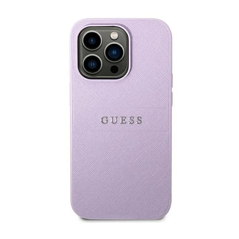 Guess Saffiano Metal Logo Stripes - Dėklas, skirtas „iPhone 14 Pro“ (alyvinė spalva)