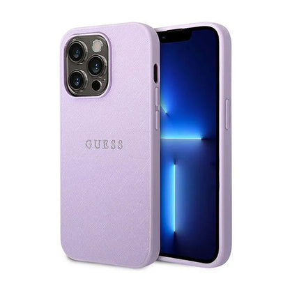 Guess Saffiano Metal Logo Stripes - Dėklas, skirtas „iPhone 14 Pro“ (alyvinė spalva)