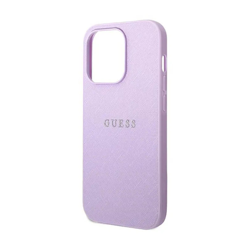 Guess Saffiano Metal Logo Stripes - Dėklas, skirtas „iPhone 14 Pro“ (alyvinė spalva)