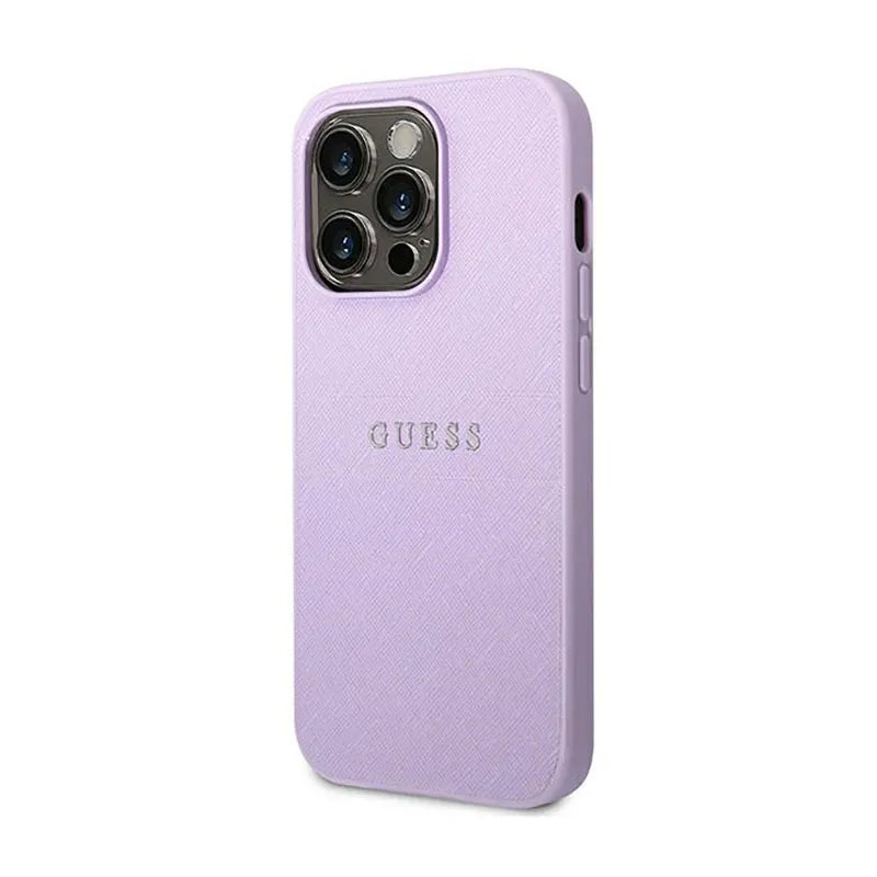 Guess Saffiano Metal Logo Stripes - Dėklas, skirtas „iPhone 14 Pro“ (alyvinė spalva)