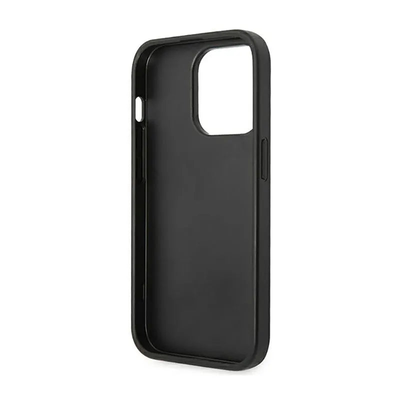 Guess Saffiano Metal Logo Stripes – dėklas skirtas iPhone 14 Pro (juodas)