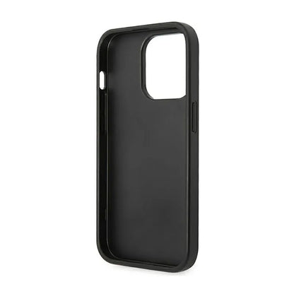 Guess Saffiano Metal Logo Stripes – dėklas skirtas iPhone 14 Pro (juodas)