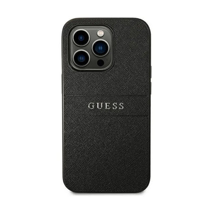 Guess Saffiano Metal Logo Stripes – dėklas skirtas iPhone 14 Pro (juodas)