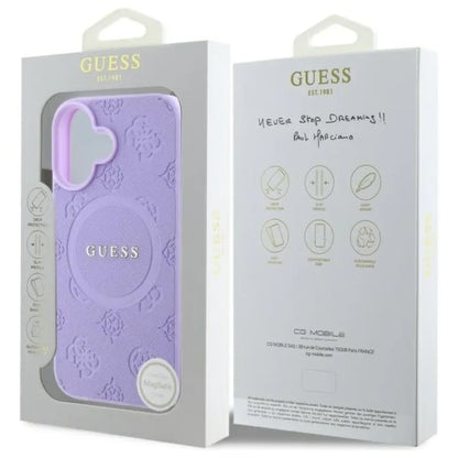 Guess Saffiano Peony Classic Logo MagSafe – dėklas iPhone 16 (violetinė)