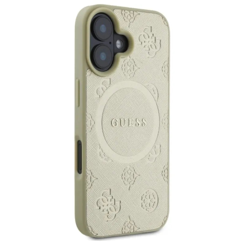 Guess Saffiano Peony Classic Logo MagSafe - dėklas skirtas iPhone 16 (auksinis)