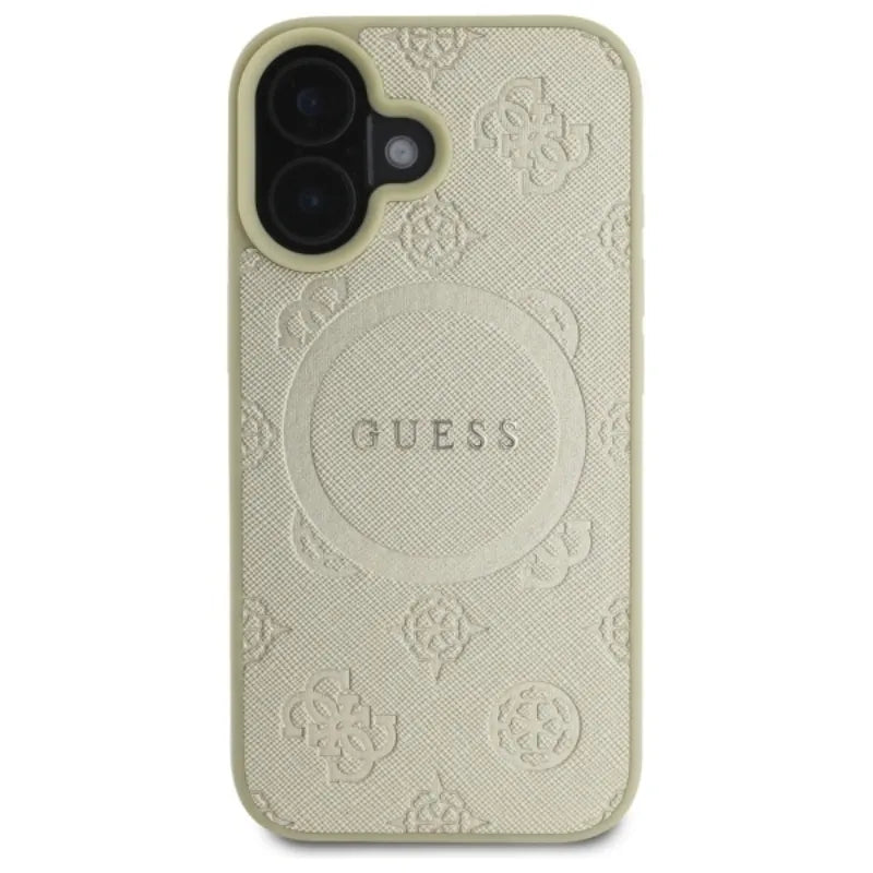 Guess Saffiano Peony Classic Logo MagSafe - dėklas skirtas iPhone 16 (auksinis)