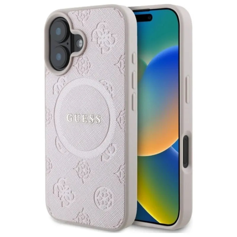 Guess Saffiano Peony Classic Logo MagSafe - Dėklas skirtas iPhone 16 (rožinis)