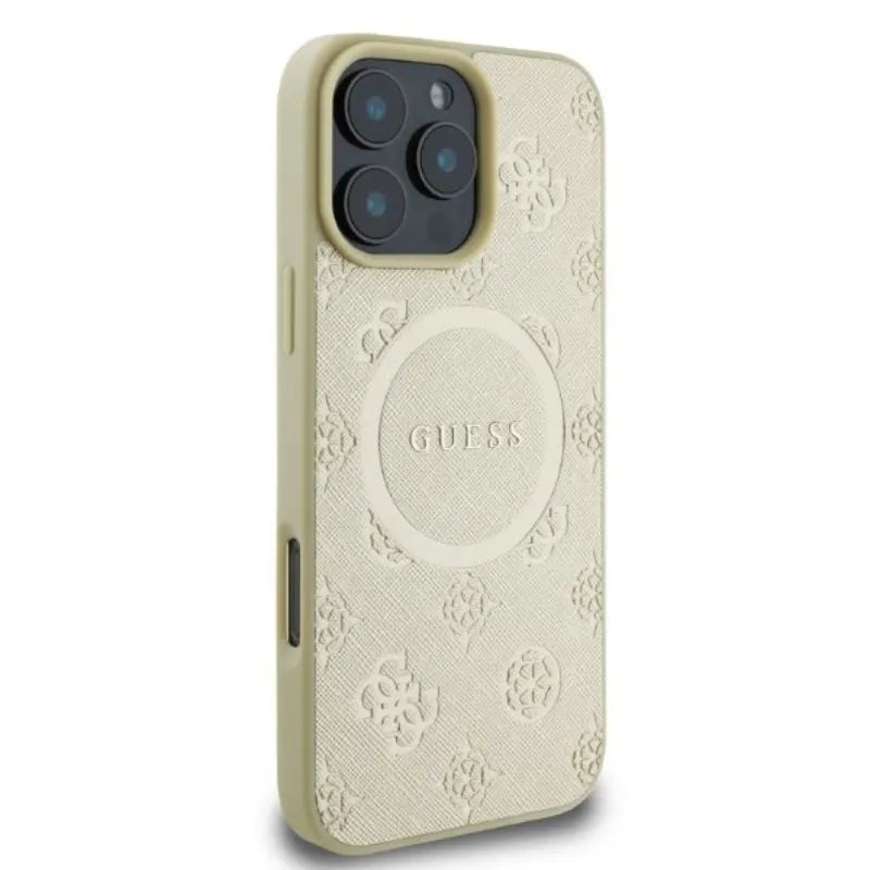 Guess Saffiano Peony Classic Logo MagSafe - "iPhone 16 Pro" dėklas (auksinis)